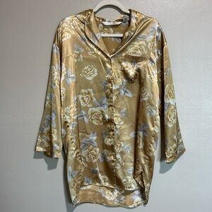 Victoria's Secret • Vintage Gold Rose Floral Oversized Satin Pajama Sleep Shirt
